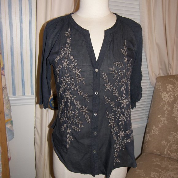 Anthropologie Tops - Anthropologie Tiny Quintana Button Down 3/4 Sleeve $88 Silk Blend Navy Medium